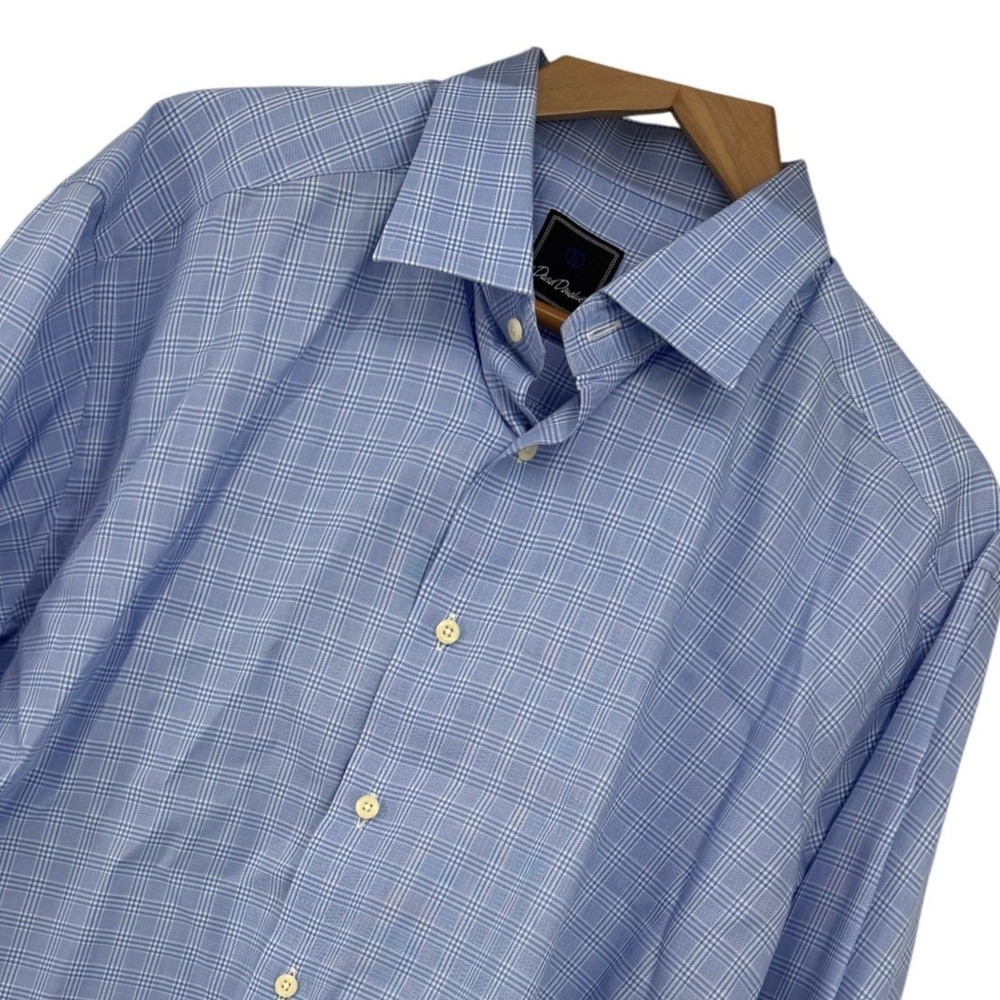 David Donahue Mens Blue White Plaid Dress Shirt 18 34/35 Cotton Old Money